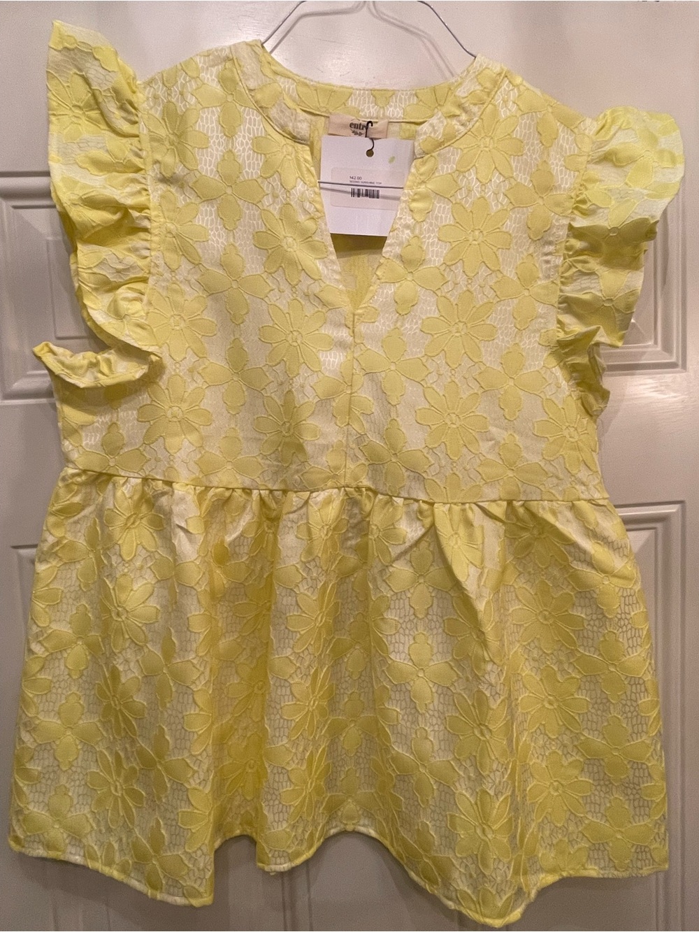 Entro Yellow Floral Eyelet Ruffle Sleeve Top Small, NWT